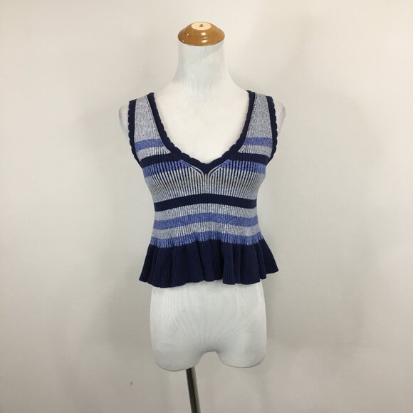 BCBGENERATION Striped Ribbed Stretch Knit Peplum Ruffle Hem V Neck Sweater Top - Picture 6 of 10